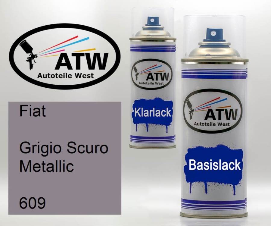Fiat, Grigio Scuro Metallic, 609: 400ml Sprühdose + 400ml Klarlack - Set, von ATW Autoteile West.